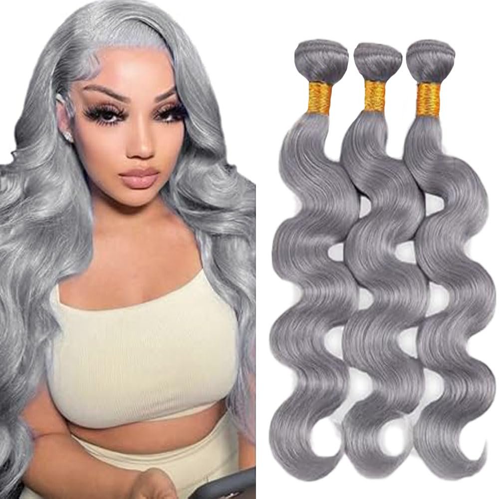 Grey Human Hair Bundles Body Wave 24 26 28 Inch Color Sliver Grey Bundles 50g Per Bundle 150g Total 12A Unprocessed Brazilian Virgin Hair for Black Women