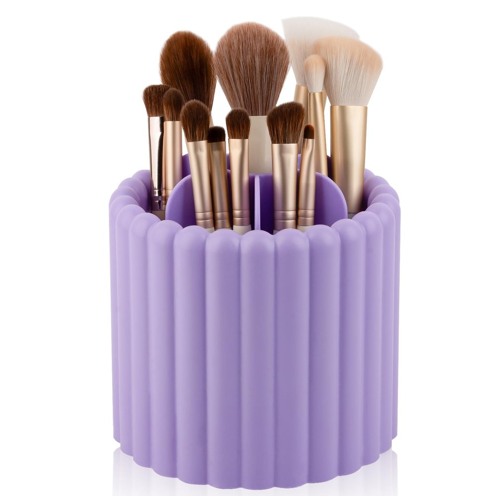 Rotating Makeup Brush Holder Organizer with Removable Dividers, Purple