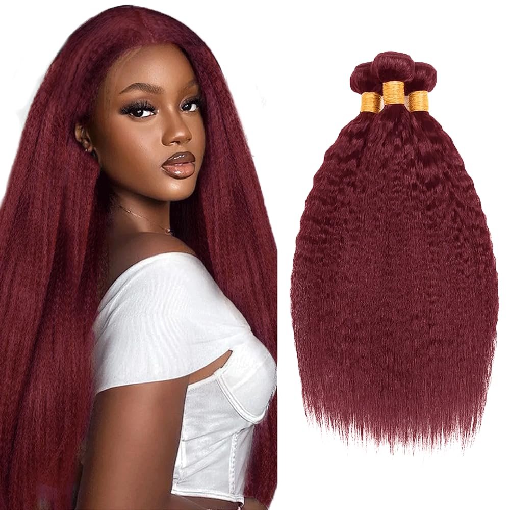 99J Bundle Burgundy Yaki Wave Human Hair Bundles Wine Red Hair Extensions 99J Red Kinky Straight 3 Bundles 26 28 30 Inch Burgundy Bundle For Black Women 150G