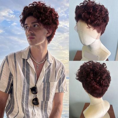 Hesperis Burgundy Human Men's Hair Wigs Short Curly Transparent Full Lace Red Wigs For Male Pre-Style Fashion Men's Curly Wigs (150density)