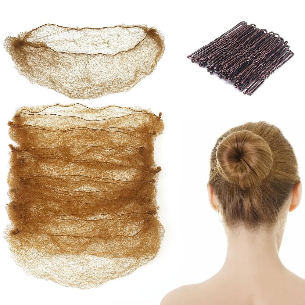 25 Pcs Hair Nets for Buns And 50 Pcs U Shaped Hair Pins Set, Bun Net Brown,Ballet Buns Kit,Ballet Hairs Net,50 Cm individual Package invisible Hairs Nets for Women, Girls, Ballet Dancer, Nurse(Brown)