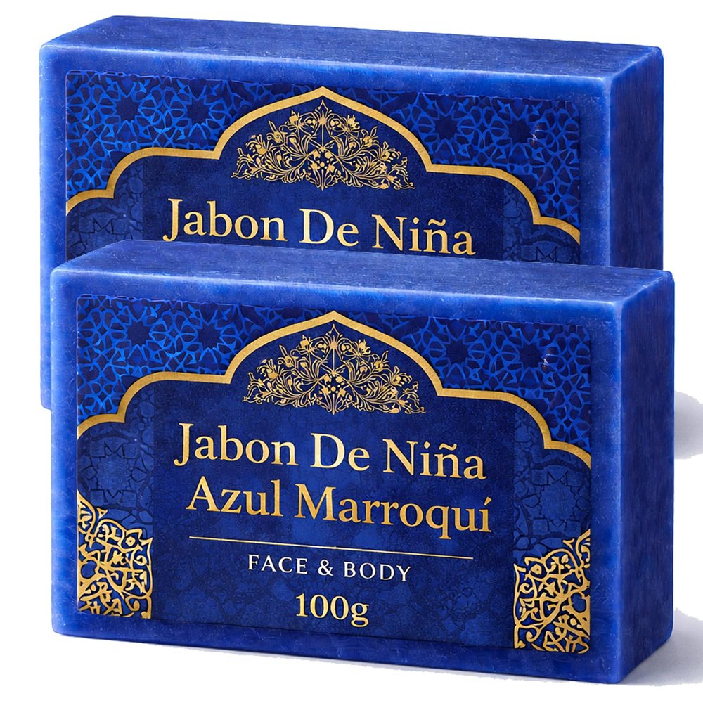 Jabon De Nia Azul Marroqu Moroccan Blue Nila Soap for Face & Body, 100g Handmade Bar, Gentle Cleansing with Natural Nila Powder