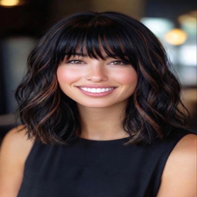 DARLIN HAIR Black Wig with Brown Highlights for Women,Shoulder Length Synthetic Wig,Heat Resistant Fiber,Glueless Natural Looking Wig for Daily Wear