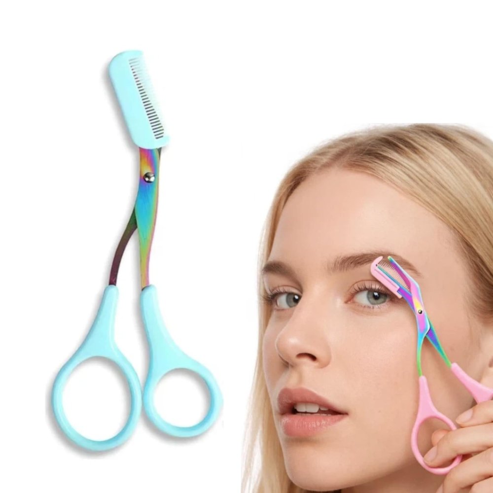 Eyebrow Trimmer Scissor, Non-Slip Stainless Steel Professional Eyebrow Trimmer 2 in 1 Eyebrow Scissors with Comb, Eyebrow Cutter Hair Removal Eyebrow Scissors Makeup Tool for Men Women (Blue)