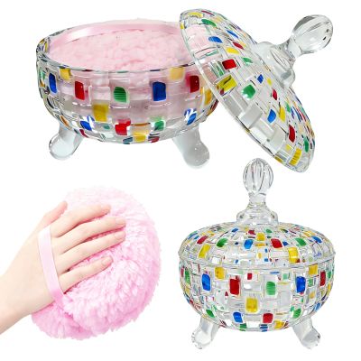 HMRCYTE Extra Large Body Powder Puff and Container, 6" Crystal Storage Jar
