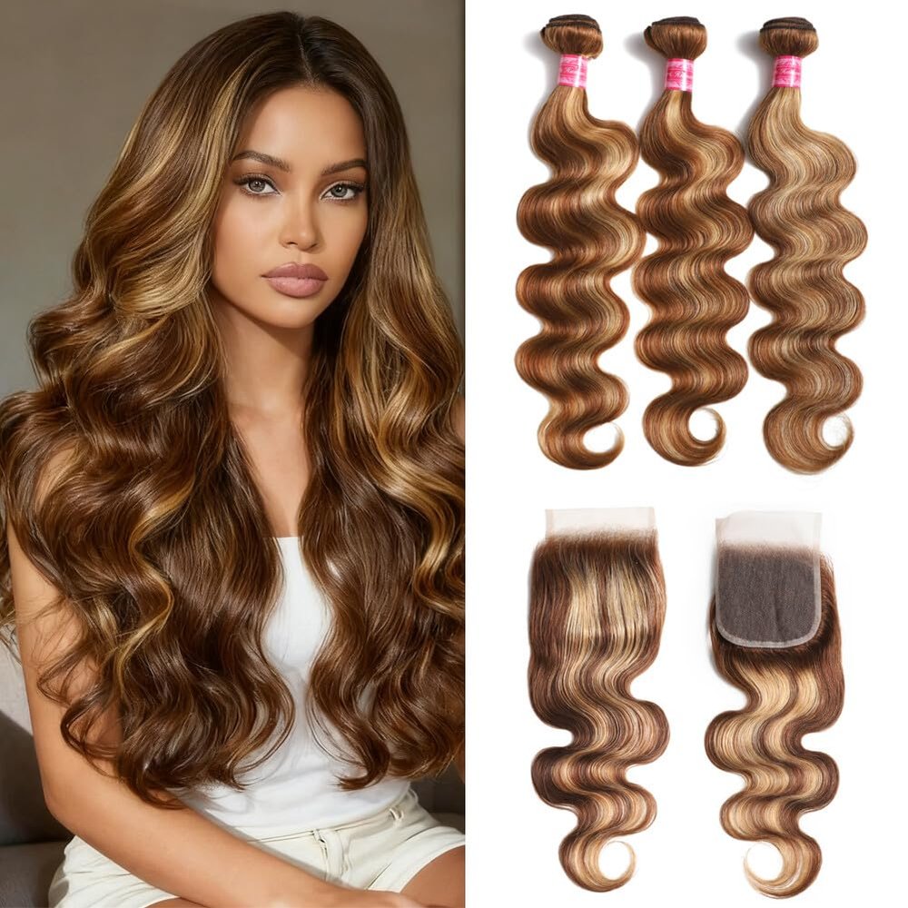 YISEA Ombre Body Wave Bundles with Closure (22 24 26+20 Inch) 12A 100% Unprocessed Brazilian Body Wave Human Hair 3 Bundles with 5X5 Lace Closure Free Part for Women