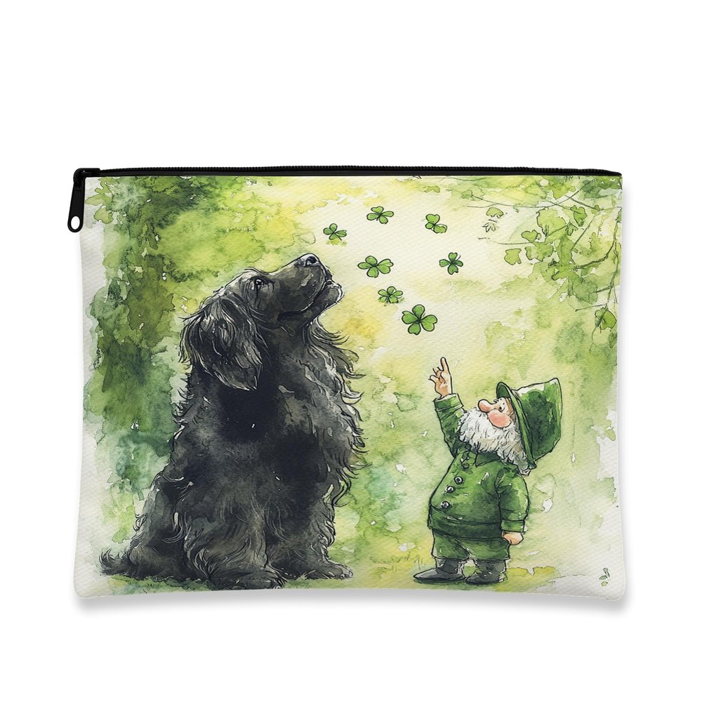 Fanciful Gnome Makeup Bag, Green Shamrock Cartoon Cosmetic Travel Pouch for Women, Portable Canvas Zipper Organizer, Spring Skincare Toiletry Bag 7x9 Inch