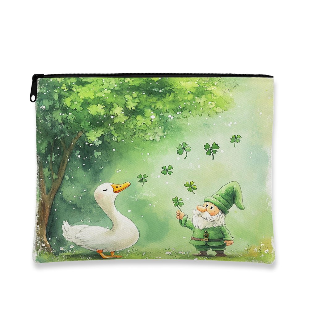Cute Gnome Makeup Bag, Green Shamrock Design Cosmetic Travel Pouch for Women, Portable Canvas Zipper Organizer, Spring Skincare Toiletry Bag 7x9 Inch