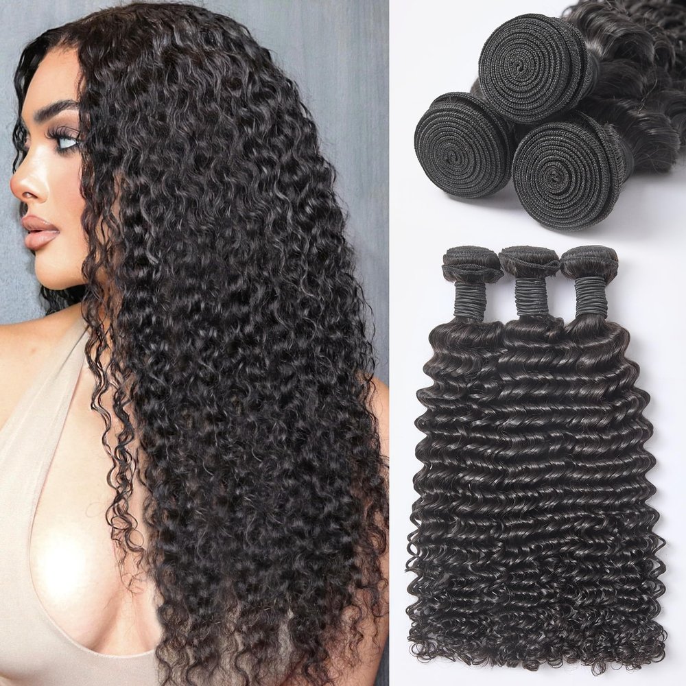 LUVME 12A Human Hair Bundles Deep Wave 24 26 28 Inch, 100% Brazilian Virgin Human Hair 3 Bundles, Unprocessed Raw Hair Double Weft, Soft & Full Natural Look for Salon Home Sew-In