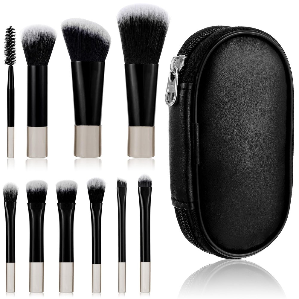 10 Pcs Travel Makeup Brush Set, Mini Travel Size Makeup Brushes for Purse Touch-Ups on the Go, (Black)