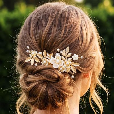 JEAIRTS Flower Bridal Hair Clip Gold Leaf Pearl Wedding Hair Accessories