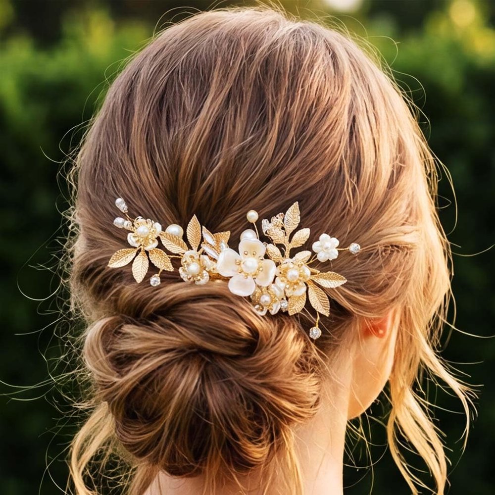 JEAIRTS Flower Bridal Hair Clip Gold Leaf Pearl Wedding Hair Accessories