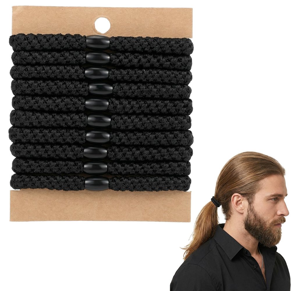 10 PCS Black Mens Hair Ties, Braided Hair Ties for Men No Damage Crease Hairties, Buns Curly Thick Elastic Hairs Tie for Guys Long Hairs, Workout Office Daily Use
