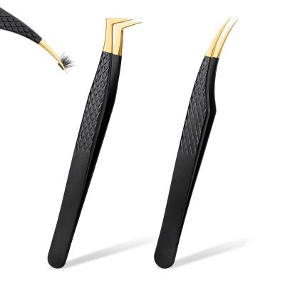 2pcs Lash Tweezers for Eyelash Extensions Professional Pointed & Slanted Tweezer Bent & Straight Tip Precision Tweezers Fiber Tip lash tweezer Lifting False Eyelashes Extensions Application