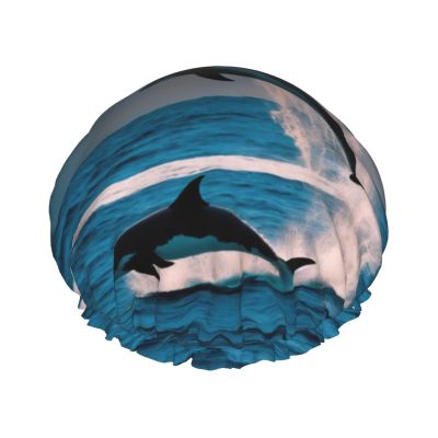 Funny Animal Dolphin Print Shower Cap For Women Reusable Shower Caps With Double-Layer Elastic For Long Hair Bath