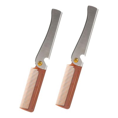 TEHAUX 2pcs Stainless Steel Folding Mustache Comb and Portable Mini Beard Brush for Men, Fine Teeth Grooming Tool for Travel and Beard Care