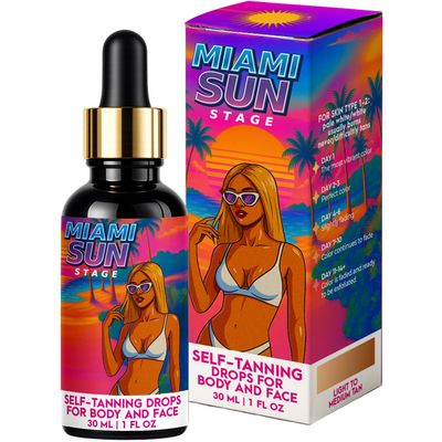 Miami Sun Stage Self Tanning Drops Face & Body - Light to Medium Tan - For Light Pale Skin Type 1-2 - Hydrating Sunless Tanner with Aloe & Cucumber - Vegan Cruelty Free Gradual Bronzer - 1 fl oz