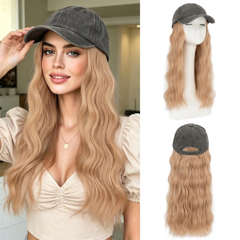 Benehair Hat Wig Extensions, Baseball Cap with Synthetic Hair Attached, Adjustable Wig Hairpieces for Women Daily Outdoor, 18 Inch Long Wavy Blonde Mixed Hair with Grey Cap