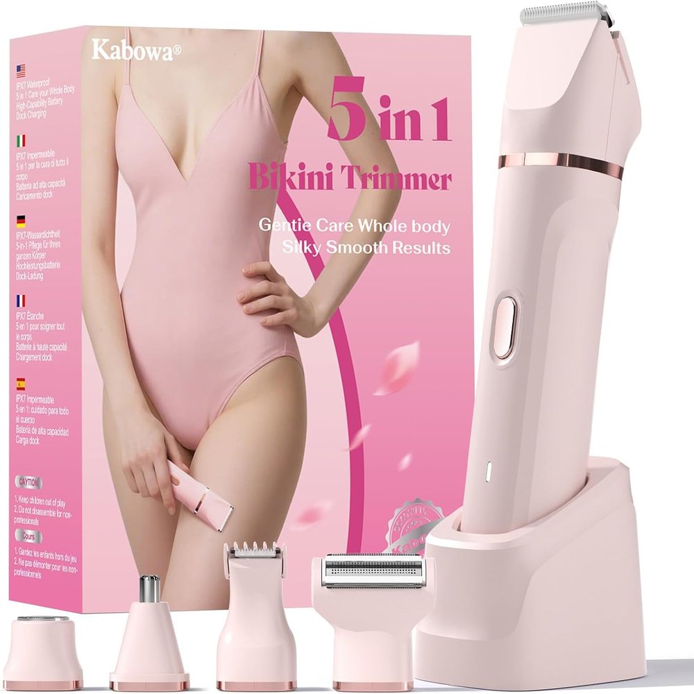 Bikini Trimmer for Women - 5 in 1 Electric Razors for Ladys Pubic Facial Nose Body Leg Hair Removal, Waterproof Electric Shaver for Women Private Area Sensitive Skin, Personal Hair Trimmer-Pink