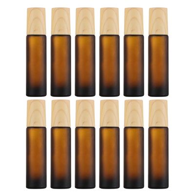 Healifty 12pcs 10ml Matte Brown Glass Rollerball Bottles with Wood-grain Caps Refillable Essential Oil and Perfume Bottles for Travel and Aromatherapy