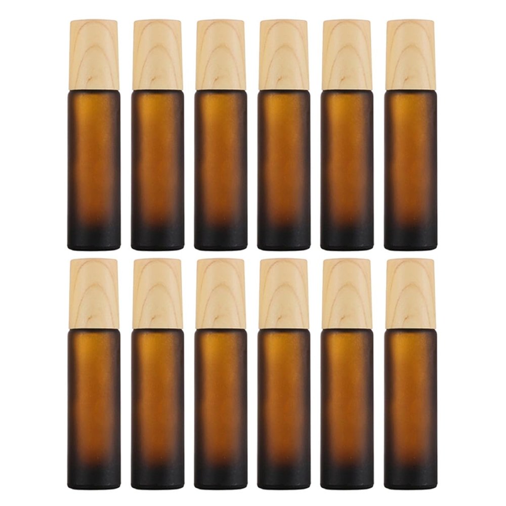 Healifty 12pcs 10ml Matte Brown Glass Rollerball Bottles with Wood-grain Caps Refillable Essential Oil and Perfume Bottles for Travel and Aromatherapy