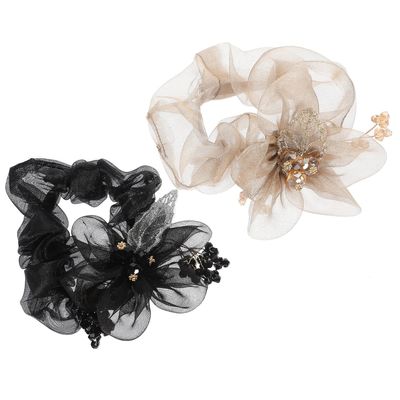 VICASKY Organza Hair Scrunchies 2pcs Large Elastic Hair Ties for Women Stretchy Ponytail Holders Bun Support Light Gold and Black Colors