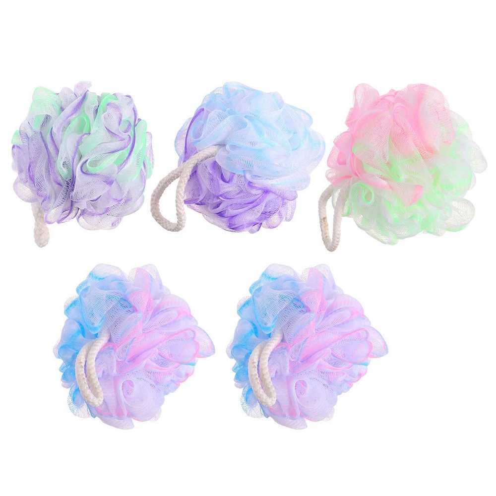 Cabilock 5pcs Large Bath Sponge Mesh Poufs for Adults, Soft Shower Scrubber Body Wash Pouf, Bathing Accessories for Women and Men Random Color