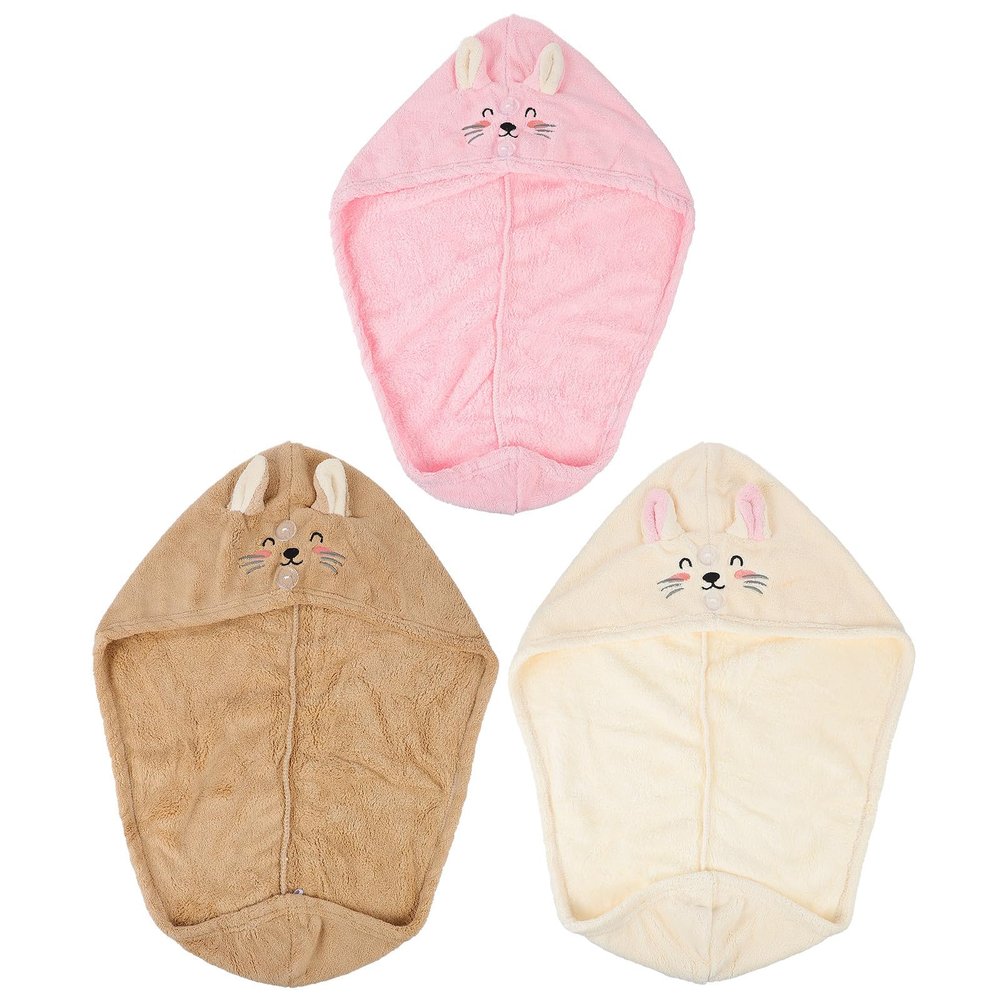 GANAZONO 3pcs Coral Fleece Hair Drying Caps Fast Drying Hair Towels for Women Shower Use with Embroidered Cat Design in Pink Beige Coffee