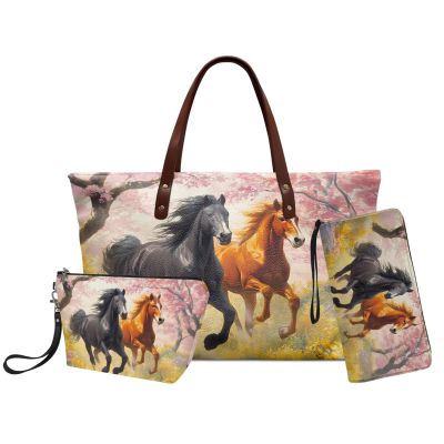 Nittanovaca Horse Peach Blossom 3Pcs Handbag with Matching Wallet Set for Women, PU Leather Underarm Bag with Wristlet Purse, Organized Hanging Toiletry Bag for Daily Use, Multicolor