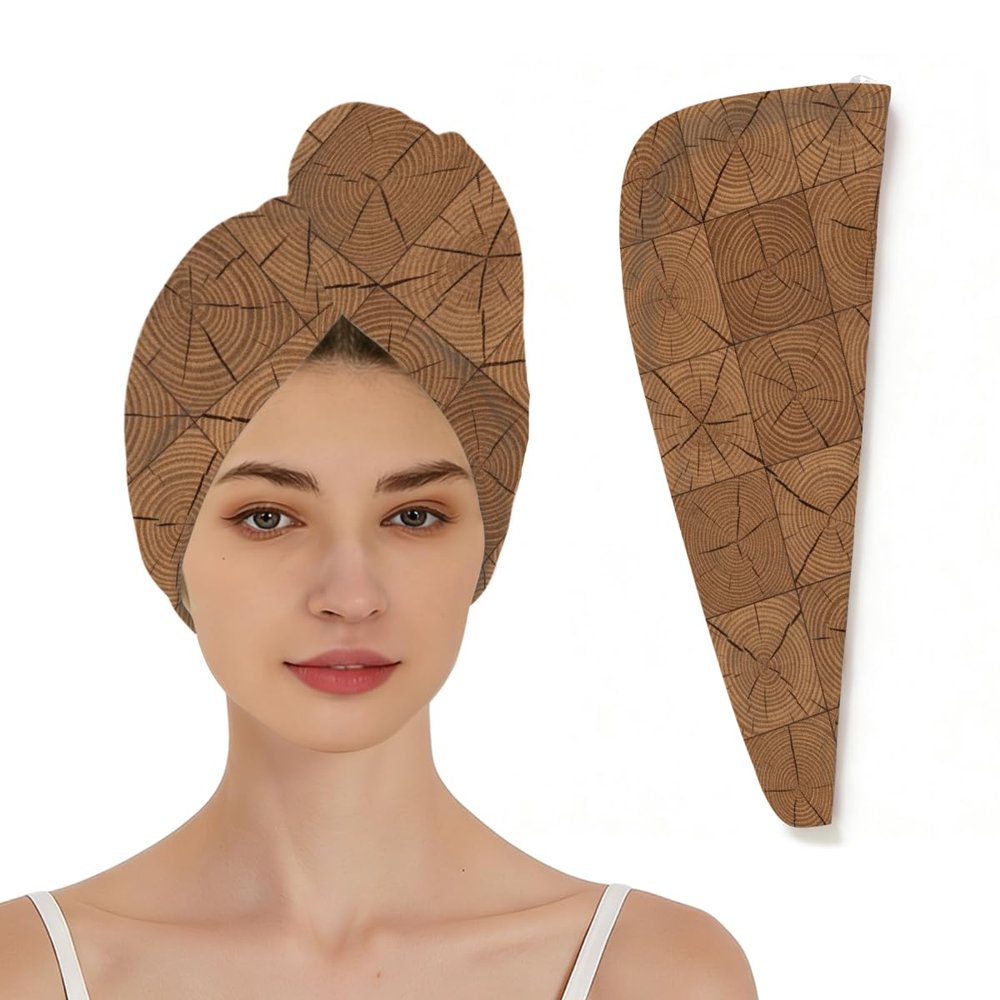 Chintiz Microfiber Hair Towel Wrap for Women - Wood Grain Super Absorbent Fast Drying Anti-Frizz Head Hair Towels - Elastic Loop Design Soft Turbans for Wet Long, Thick, Curly Hair