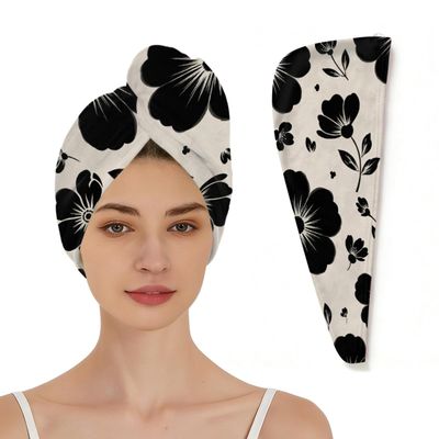 Chintiz Microfiber Hair Towel Wrap for Women - Black Floral Super Absorbent Fast Drying Anti-Frizz Head Hair Towels - Elastic Loop Design Soft Turbans for Wet Long, Thick, Curly Hair