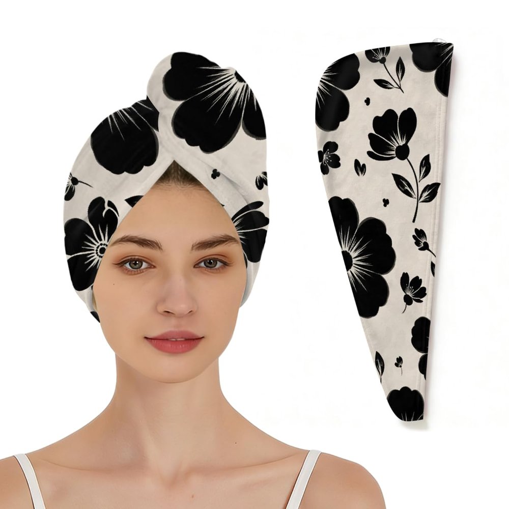 Chintiz Microfiber Hair Towel Wrap for Women - Black Floral Super Absorbent Fast Drying Anti-Frizz Head Hair Towels - Elastic Loop Design Soft Turbans for Wet Long, Thick, Curly Hair