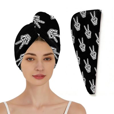 Chintiz Microfiber Hair Towel Wrap for Women - Skeleton Hand Victory Super Absorbent Fast Drying Anti-Frizz Head Hair Towels - Elastic Loop Design Soft Turbans for Wet Long, Thick, Curly Hair