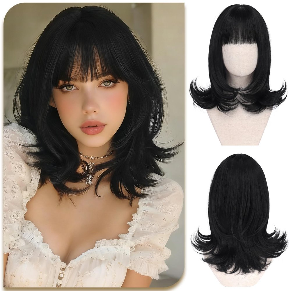 SOFEIYAN Short Black Wig with Bang for Women - 15 Inch Shoulder Length Layered Straight Bob Wigs Natural Looking Synthetic Soft Heat Resistant Wig for Women Daily Party Use,Natural Black