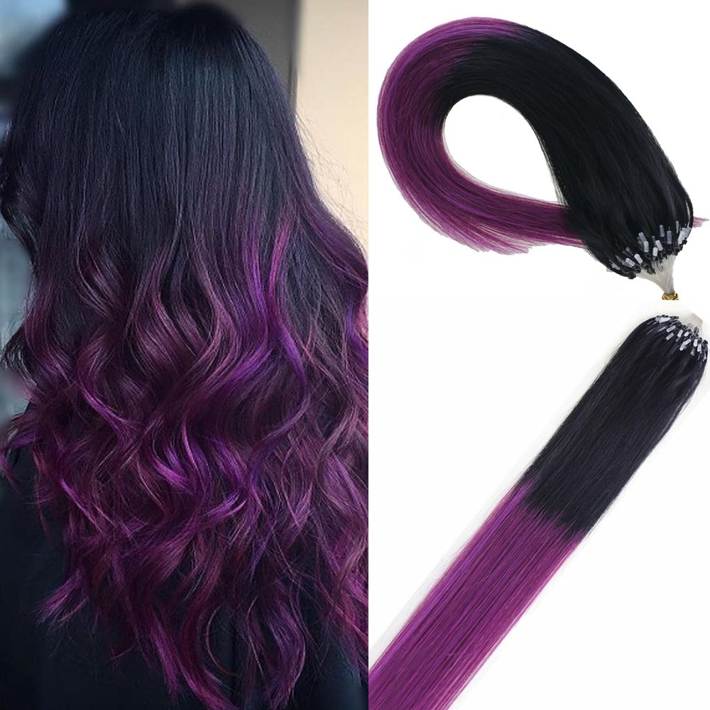 Fenicy Micro Ring Loop Human Hair Extensions Ombre Black to Purple 24inch