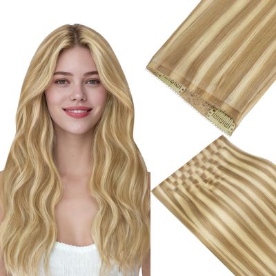 HOTBANANA Lace Clip in Hair Extensions Real Human Hair, Soft PU Weft 14"