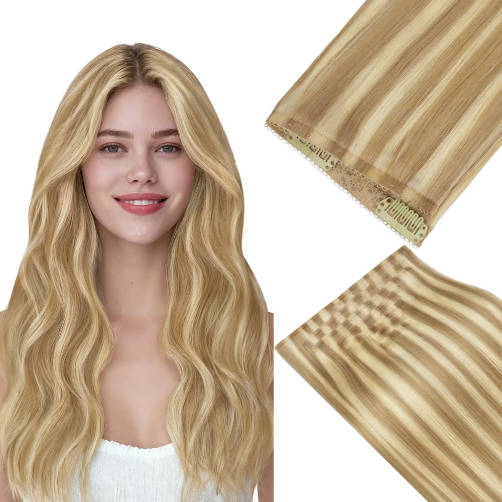 HOTBANANA Lace Clip in Hair Extensions Real Human Hair, Soft PU Weft 14"