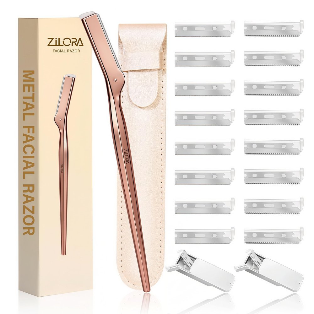 ZiLORA Metal Face Razor for Women, Dermaplaning Tool with 16 Replacement Blades (Wide & Micro), Facial Hair Remover & Eyebrow Trimmer, Rose Gold
