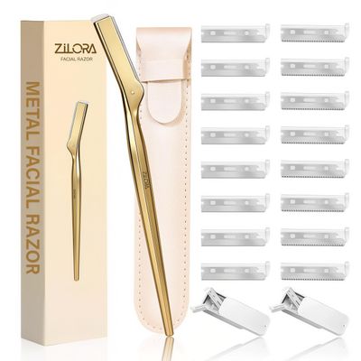 ZiLORA Metal Face Razor for Women, Dermaplaning Tool with 16 Replacement Blades (Wide & Micro), Facial Hair Remover & Eyebrow Trimmer, Gold