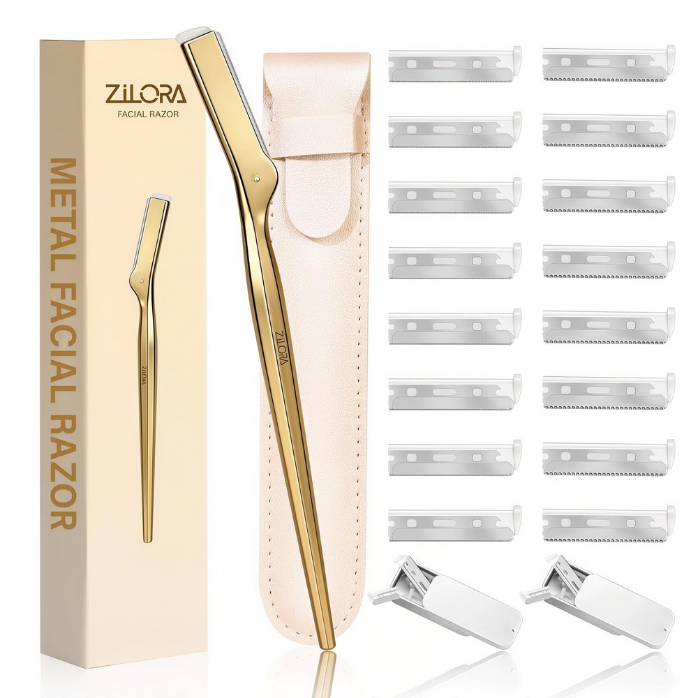 ZiLORA Metal Face Razor for Women, Dermaplaning Tool with 16 Replacement Blades (Wide & Micro), Facial Hair Remover & Eyebrow Trimmer, Gold