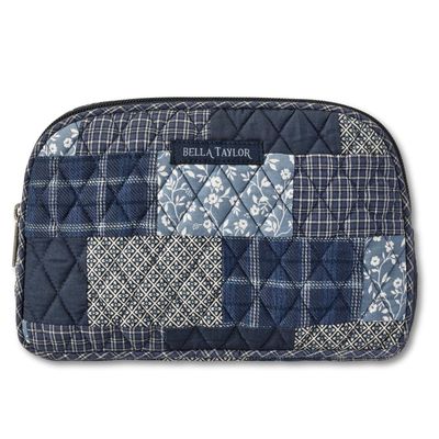 Bella Taylor Cosmetic Pouch, Quilted Makeup Bag, Heritage Blue Patch