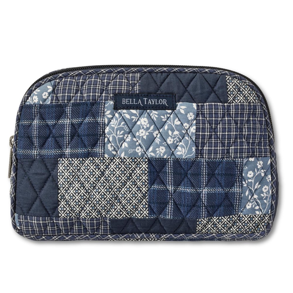 Bella Taylor Cosmetic Pouch, Quilted Makeup Bag, Heritage Blue Patch