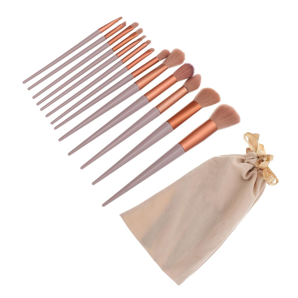 GALPADA 13pcs Women Makeup Brush Set with Blush Highlighter Eyeshadow Powder Brushes, Synthetic Fibers, Tea Color Handles with Velvet Pouch for Professional Beauty Application