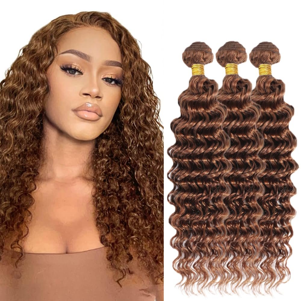 30 32 34 Inch Brown Deep Wave Bundles Color 30 Deep Wave Bundles Unprocessed Virgin 3 Bundles Brown Deep Curly Bundle Human Hair Extensions 50 Gram Per Bundle