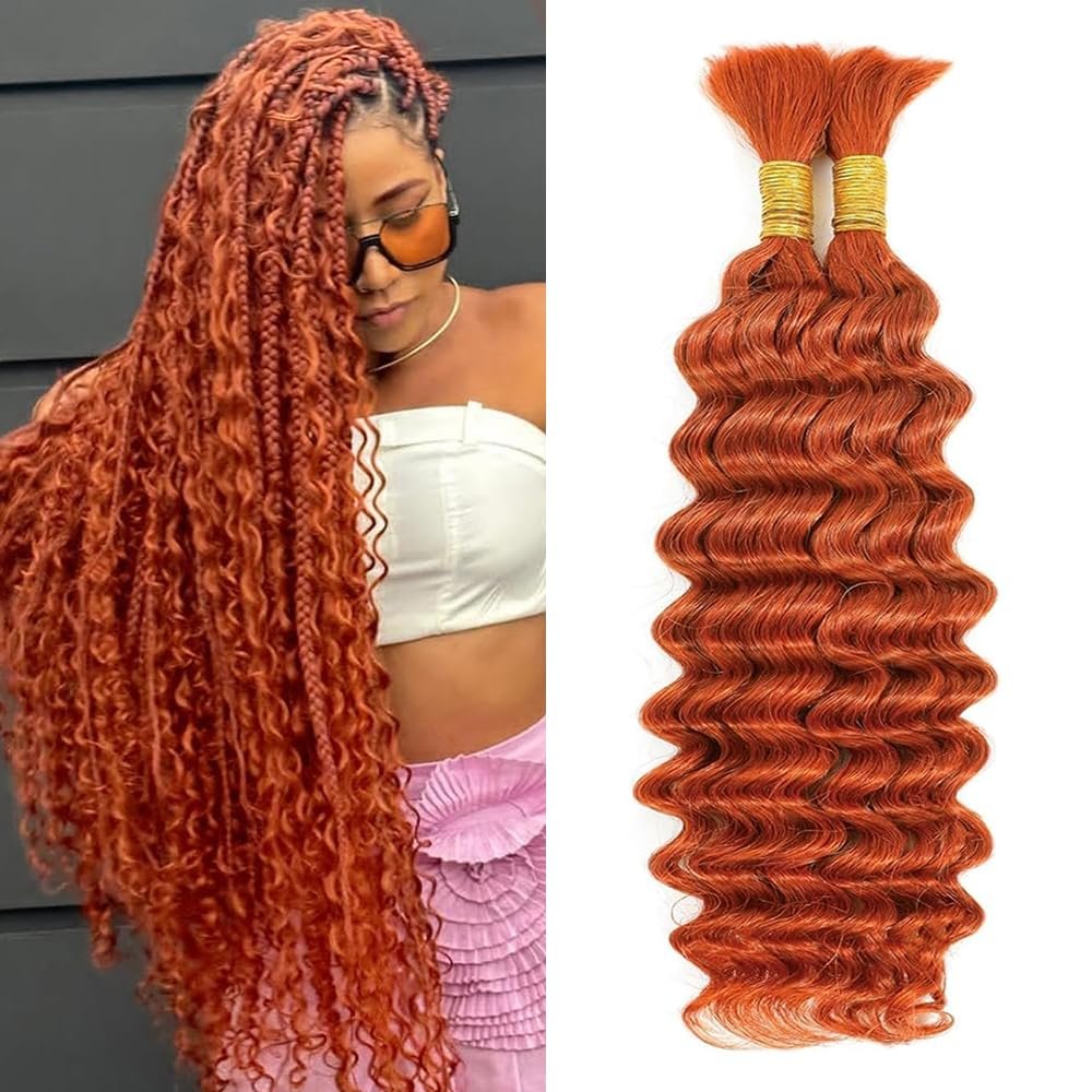 Orange Braiding Hair 2 Bundles 100g 28 Inch Deep Wave Bulk Human Hair Braiding Wet and Wavy Human Braiding Hair for Boho Braids 350 Curly Human Hair Extensions