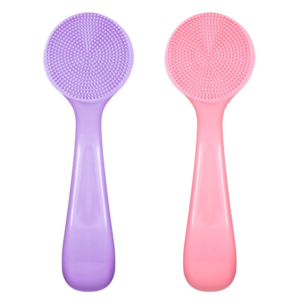 2 Pcs Face Scrubber Silicone Manual Facial Cleansing Brush Soft Facial Brushes Waterproof Exfoliating Brush Skin Friendly Face Cleaner Brushes for Blackheads Makeup Residues Removal (Pink + Purple)