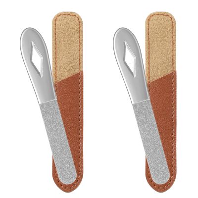 2 Pack Small Metal Nail File 3.5 in Mini Stainless Steel Manicure Filer Double Sided Fingernail Files with Anti-Slip Handle and Leather Case Travel Nail Filer for Men and Women, Silver