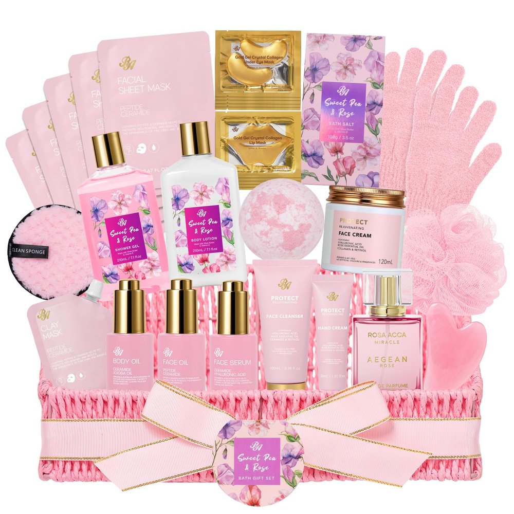 Gifts for Women, 32 Pcs Rose Spa Gifts Basket, Hydrating Face Skin Care Set