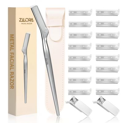 ZiLORA Metal Face Razor for Women, Dermaplaning Tool with 16 Replacement Blades (Wide & Micro), Facial Hair Remover & Eyebrow Trimmer, Silver