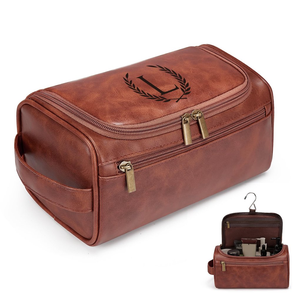 Travel Toiletry Bag Hanging For Mens PU Leather - Red Brown (Initial L)